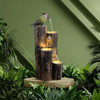 GOSSI Water Fountain Outdoor with Hummingbird, Cascading Waterfall Fountain, Rustic Log Design with LED Lights for Garden Decor