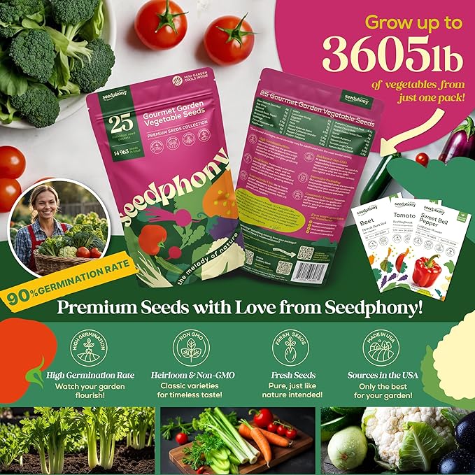 Seedphony 25 Gourmet Garden Vegetable Seeds Variety Pack - 14,965+ Non-GMO Heirloom Vegetables Seeds for Planting Indoor&Outdoor Home Garden Seeds - Gardening Seed Packets for Planting Vegetable Seeds
