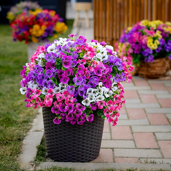 Artificial Flowers Outdoor Shrubs - 16 Bundles Fake Plants UV Resistant No Fade Faux Plastic Greenery Home Garden Porch Patio Decoration (1, Multi 16-4)