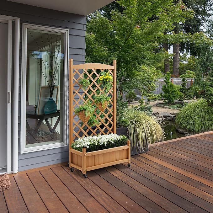 Casafield 48" Raised Garden Bed with Trellis - Wooden Diamond Lattice for Climbing Plants and Planter Box with Drainage Holes and Wheels