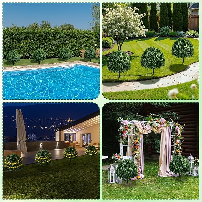 24'' Artificial Boxwood TopiaryTree, Faux Boxwood Plants Shurbs with Spike, 2 Set Topiary Ball Tree Waterproof UV Resistant Fake Pot Filler Plants for Planter Porch Home Outside Garden Spring Decor