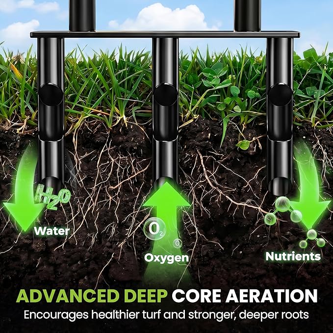 Manual Lawn Core Aerator Tool – Heavy Duty Hand Soil Aerator with 3 Hollow Tines, Pre-Assembled Lawn & Garden Plug Remover for Grass Growth & Soil Improvem
