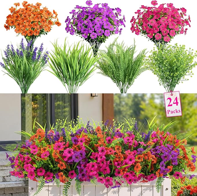 Alupssuc 24 Bundles Artificial Flowers for Outdoors Spring Summer Decoration, UV Resistant Eucalyptus Violet and Lavender Silk Fake Plants for Outside Indoor Yard Home Patio Decor, Orange Rose Purple