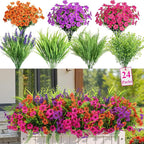 Alupssuc 24 Bundles Artificial Flowers for Outdoors Spring Summer Decoration, UV Resistant Eucalyptus Violet and Lavender Silk Fake Plants for Outside Indoor Yard Home Patio Decor, Orange Rose Purple