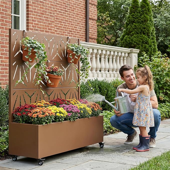 Casaphoria Metal Raised Garden Bed with Trellis and Wheels, 47"x47"x16" Planter Box for Climbing Plants, Vegetables & Vines, Features Drainage Holes and Privacy Screen, Brown-Star