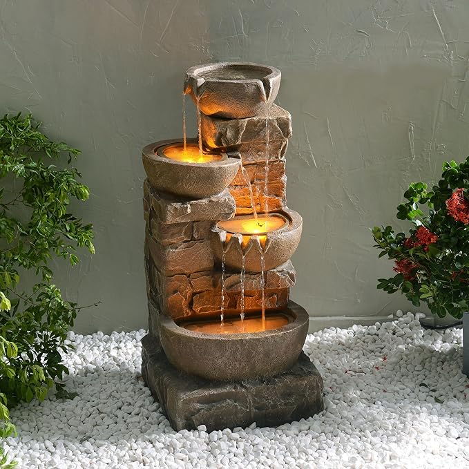 Teamson Home 33.27" Cascading Bowls & Stacked Stones LED Water Fountain for Outdoor Living Spaces, Brown