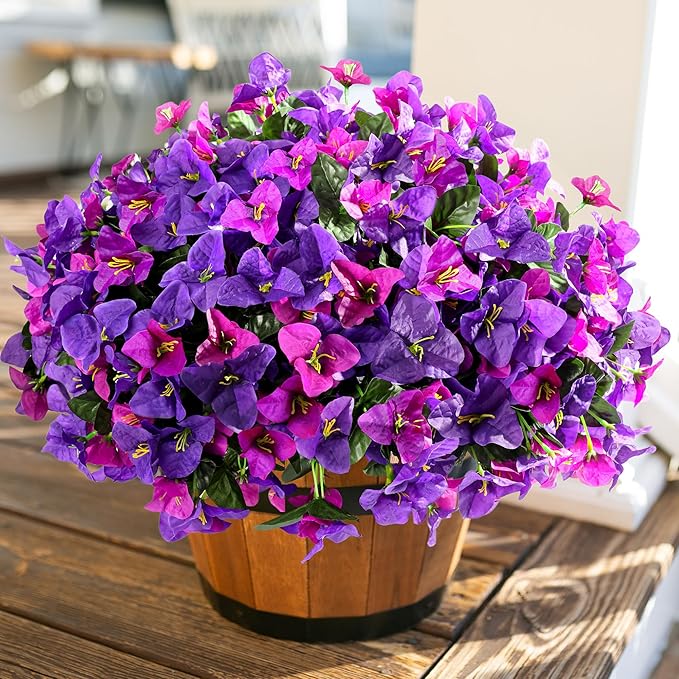 Artificial Flowers Plants for Outdoors Spring Summer Decor, 4 Bundles Fake Bougainvillea Silk Outside Flowers UV Resistant Look Real for Outdoor Planter Patio Porch Window Garden Home, PurpleFuchsia