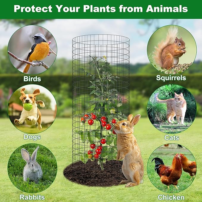 winemana 12 Set Plant Protectors Covers from Animals, 36 Pcs 24x12 Inch Metal Wire Garden Cages with Stakes & Ties, Outdoor Protection to Keep Rabbits Chickens Out for Flowers Vegetables (Black)