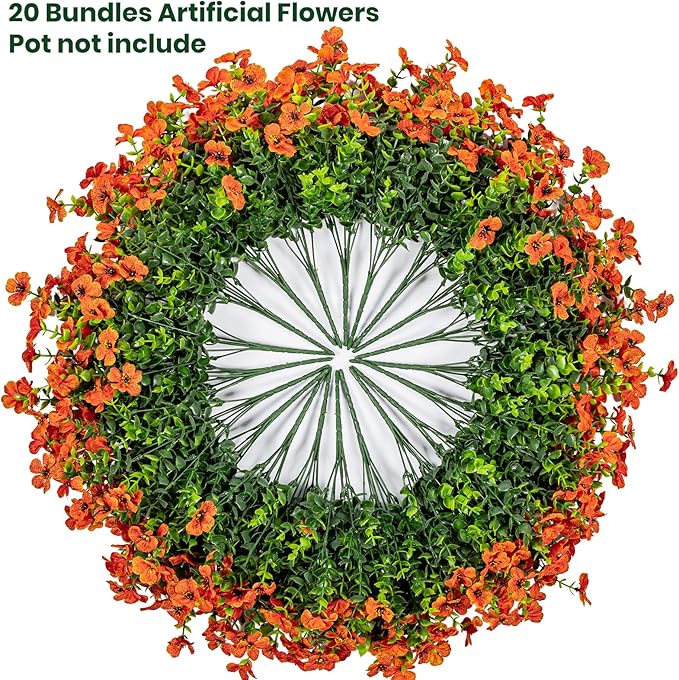 Lnoicy 20 Bundles Artificial Flowers for Outdoor Fake Plants for Spring Decoration,Faux Eucalyptus Flowers for Planter UV Resistant Lifelike for Home Porch Garden（Orange）