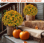 AXYLEX Artificial Fall Flowers for Outdoors Fake Mums - 16 Bundles Faux Plants Outside Greenery Boxwood No Fade Plastic Shrubs Decor Farmhouse Home Garden Thanksgiving (Yellow)