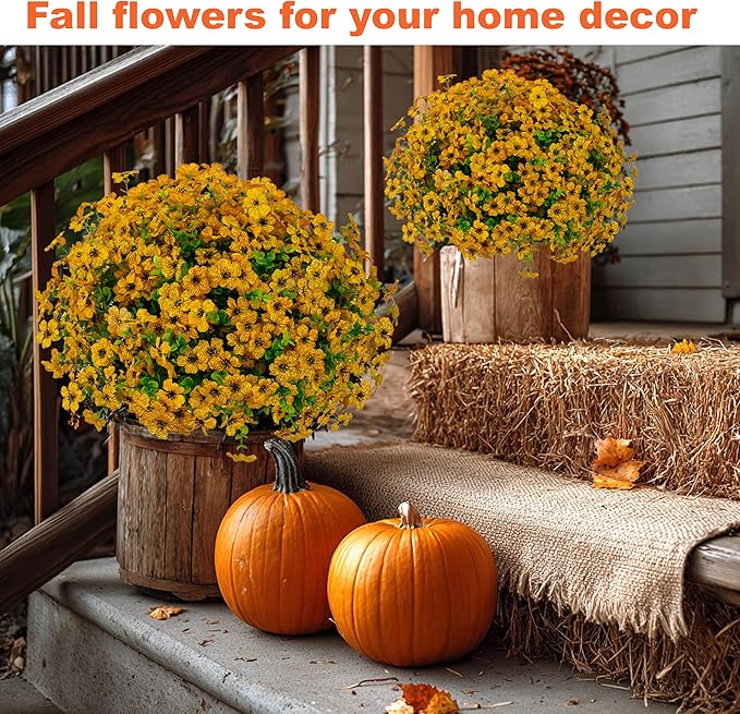AXYLEX Artificial Fall Flowers for Outdoors Fake Mums - 16 Bundles Faux Plants Outside Greenery Boxwood No Fade Plastic Shrubs Decor Farmhouse Home Garden Thanksgiving (Yellow)