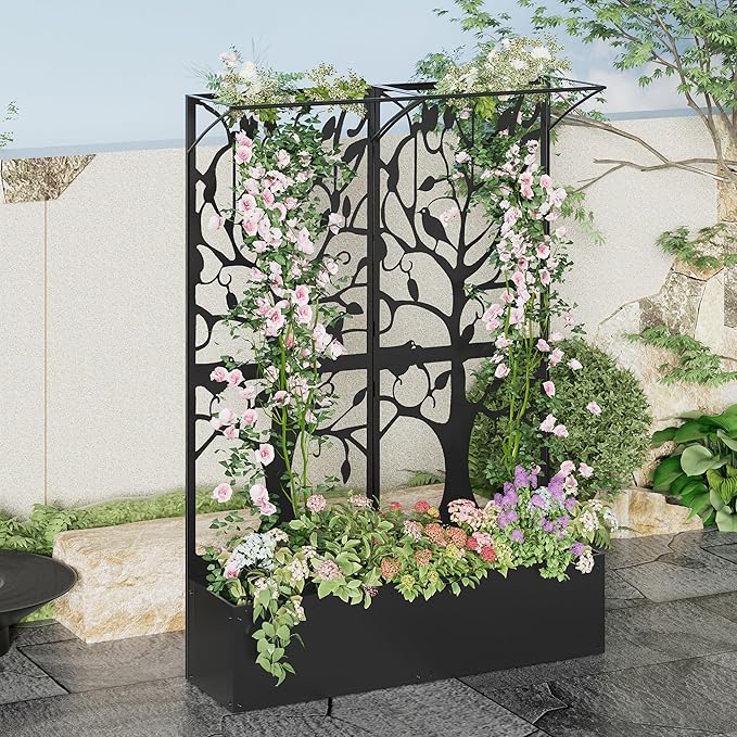 Metal Planter Box with Trellis Set of 2, Outdoor Privacy Planters for Patio, Tall Raised Garden Bed for Climbing Plants, Vegetables, Fruits, Balcony, Outside, 62.4 x 12.2 x 44.6 Inch, 2PCS, Black