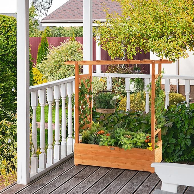 MAT EXPERT Raised Garden Bed with Trellis & Hanging Roof, Lattice Panel with Drainage Hole for Flower, Climbing Plant, Herb, Planter Box for Garden, Patio, Yard (1, 43.5" x 17.5" x 44" (L x W x H))