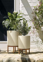 Veradek Demi Series Round Planter w/Stand for Porch/Patio | Durable Plastic-Stone Composite & Wooden Stand | Modern Décor for Tall Plants, Flowers