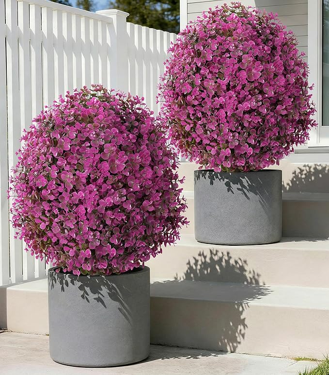 27'' Artificial Topiary Plants for Outdoor 2 Pack Artificial Topiary Trees with Stable Metal Ground Spike Fake Bushes Shrubs for Outside Garden Front Porch Landscape Walkway, Pink Eucalyptus