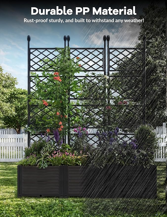 3 PCS Raised Garden Bed with Trellis & Privacy Screen, 50" w x 63" Tall Vertical Garden Planter Box for Climbing Plants - Sturdy Lightweight Outdoor Planter for Vegetables, Flowers on Patio, Balcony