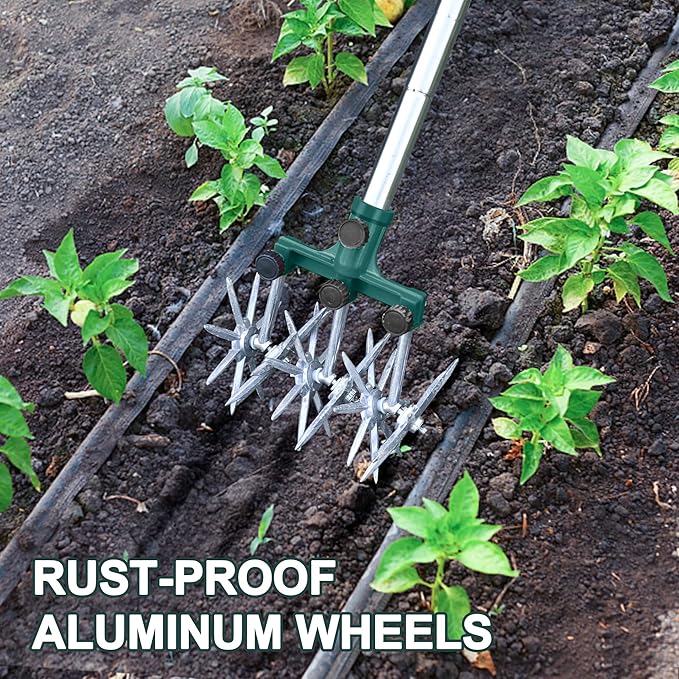 BARAYSTUS Rotary Cultivator Garden Rotary Tiller Adjustable Stainless Steel Poles Hand Tiller for Soil Mixing or Reseeding Grass Lawn Tiller Total Length 57 Inch