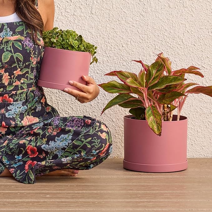 Bloem Mathers 8" Dusty Rose Round Modern Resin Garden Planter Pot with Drainage Holes and Removable Saucer Tray Included