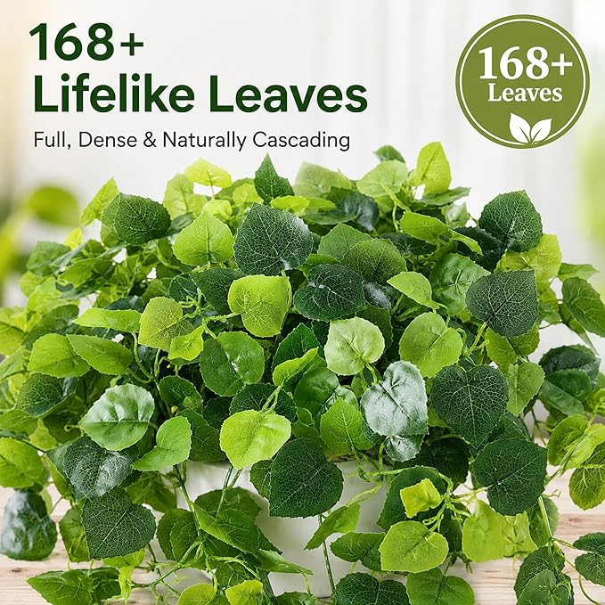 36" Faux Hanging Ivy Plant in Minimalist White Pot, Fake Pothos Artificial Hanging Plant with 168 Lush Leaves & Pebble Topping, Fake Greenery for Shelf Bathroom Office Decor, 1 Pack