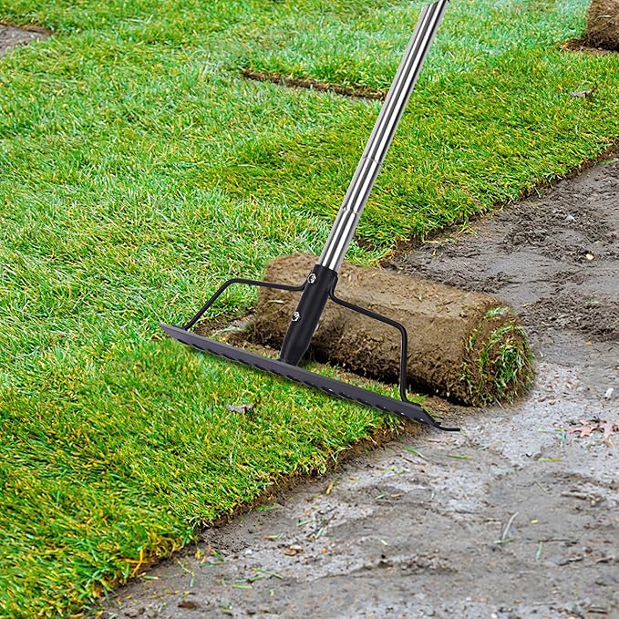 BARAYSTUS 15 Inch Wide Bow Rake, 16 Steel Tines Metal Head Rake Tool with Stainless Steel Handle, Adjustable Long Handle Garden Rake for Loosening Soil Leveling Mulch Gathering Lawns Leaves