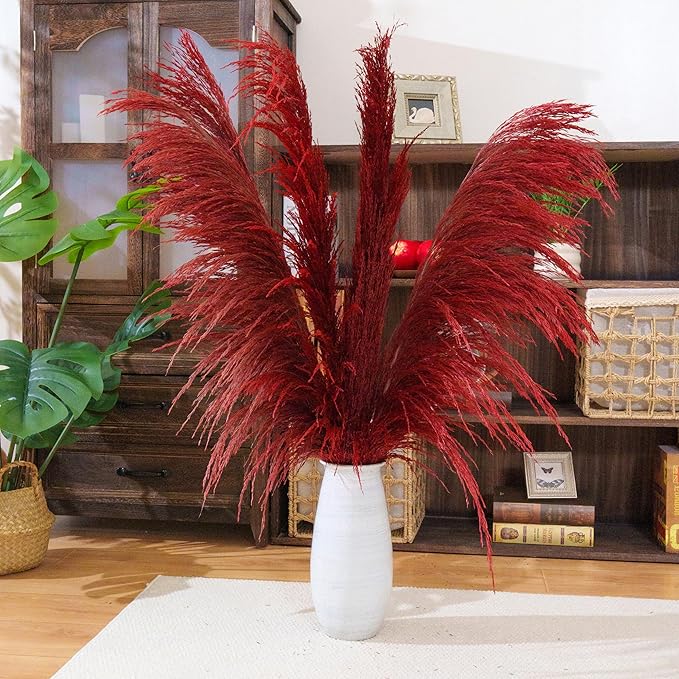 Red Natural Pampas Grass for Vase Decor,8pcs Dried Pampas Grass, Large Pompas Floral, Elegant Feather Flowers for Wedding Decorations, Living Room Decor (Natural Red, 8pcs 31.5"(80cm))