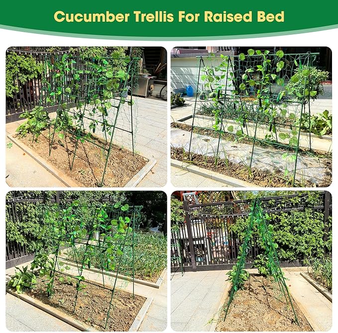 51" x 53" Cucumber Trellis for Raised Bed, A-Frame Garden Trellis for Climbing Plants Outdoor, Rust-Proof Metal Support for Tomato, Peas, Beans, Zucchini & Vines, with Netting & Clips