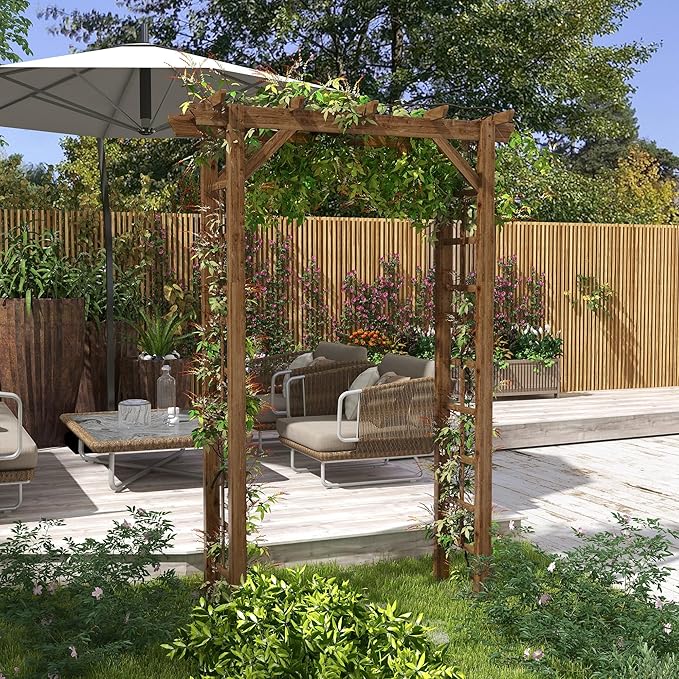 Outsunny 85" Wooden Garden Arbor for Wedding and Ceremony, Outdoor Garden Arch Trellis for Climbing Vines - Carbonized