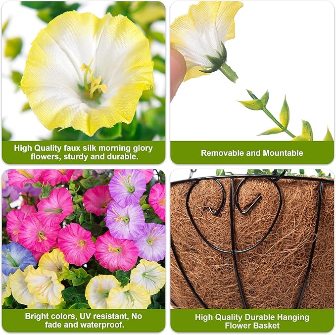 Artificial Fake Hanging Flowers Baskets for Outdoors Faux Plants Spring Outside Decor, UV Resistant Silk Morning Glory Flowers in Planter Realistic Petunias for Outdoor Porch Patio Garden Yard Home