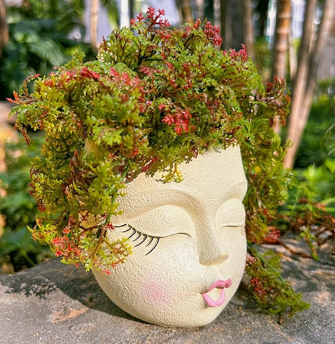 Handcrafted Head Planter Kiss Face Planter Pot Cute Flower Pot Resin Head Face Plant Pots for Succulent with Drainage Pale Yellow 1Pack