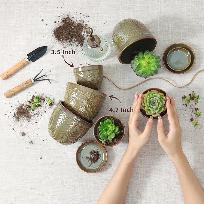 Sureasy Ceramic Plant Pots, 4.7 Inch Flower Pots for Indoor Plants, Succulent Pots with Saucer and Drainage Hole, Decorative Planter for Succulent, Cactus, Set of 4, Green