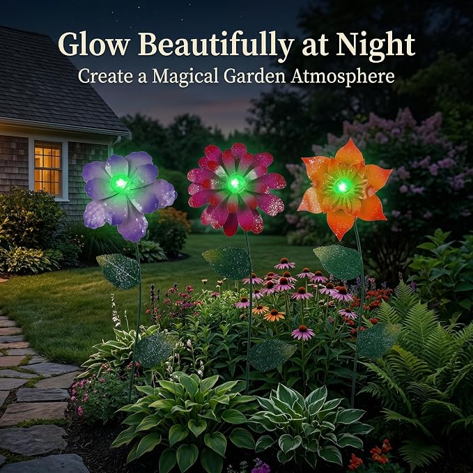 Topadorn Floral Garden Stake Glow in Dark Plant Pick Water Proof Metal Flower Stick for Outdoor Garden Decor, Set of 3