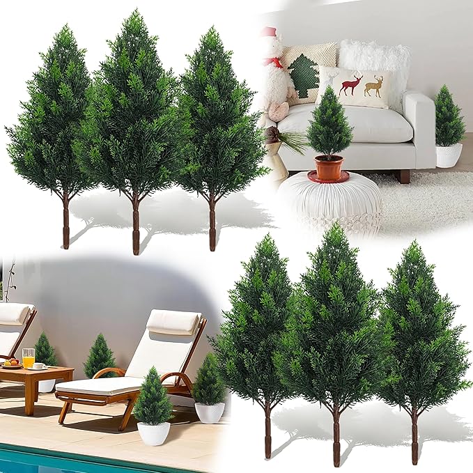 Artificial Cedar Topiary Plants: 20 Inch (6P) UV Resistant Faux Pine Stems Shrubs Plastic Greenery for Outdoor Indoor Home Decor, Garden, Front Porch, Office, Restaurant & Holiday Party