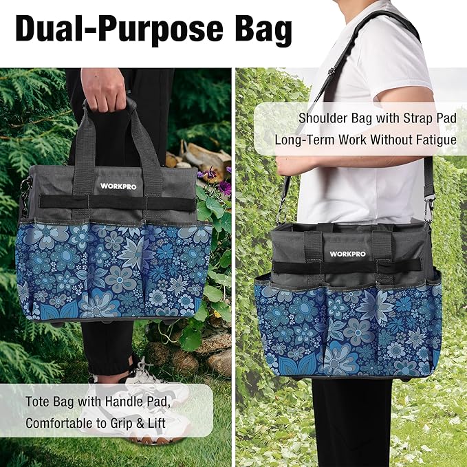 WORKPRO Garden Tool Bag Organizer, Heavy Duty Gardening Tote Bag, 10 Pockets Design with Long Adjustable Shoulder Strap, Standable Garden Home Tool Kits Organizer, Floral Blue (Tools are not Included)