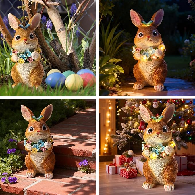 Solar Garden Statues Outdoor Bunny Decorations with Butterfly & Flowers Gifts for Mom, Grandma Spring Decor with 6 LED Night Accent Lights for Patio, Yard & Lawn, Mother Day Christmas Day Figurine