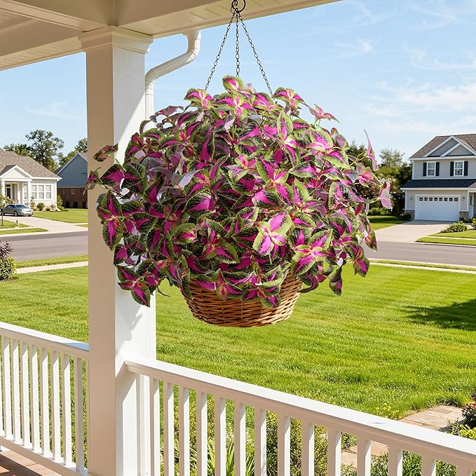 Artificial Greenery Plants Outdoor, 5 Pcs Faux Coleus Plants UV Resistant Silk Plants with Stems, Fake Plants for Outside Garden Patio Hanging Planter Pathway Front Porch Decoration(Red)