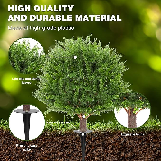 JTING' CHOISIR Set of 2 Artificial Cypress Cedar Boxwood Topiary Ball Trees with Ground Spike, 26 Inches UV Resistant Fake Plant Bushes Shrubs, for Indoor Outdoor Front Porch Garden(Cypress)
