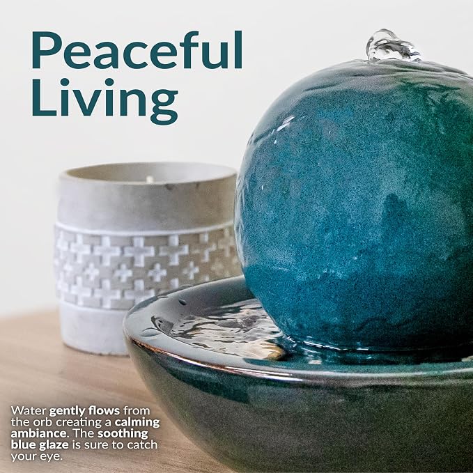 Sunnydaze Tabletop Ceramic Tabletop Fountain with Orb - Relaxing Indoor Fountain for Meditation - for Office, Bedroom, or Living Room - Teal - Set of 4