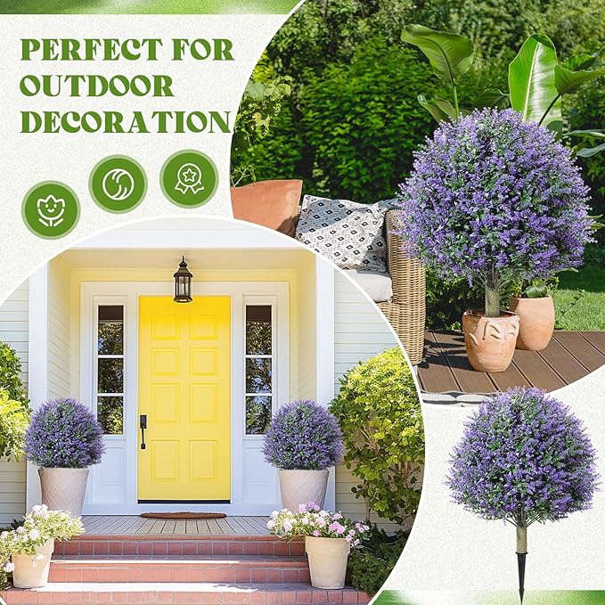 Lunmon 2 Pack 24" Artificial Topiary Ball Plants Trees with Flowers, Outdoor Fake Topiary Plants with Ground Spike, UV Resistant Faux Bushes for Indoor Outdoor Front Door Decor(Purple,Rose)