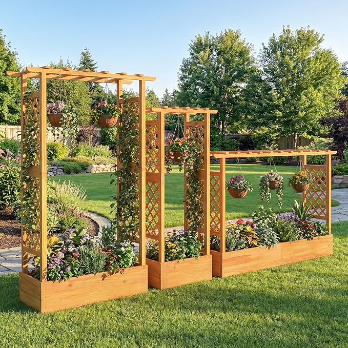 Happygrill 70" Raised Garden Bed with Trellis, 2 Pack Wood Planter Box w/Hanging Roof, 2 Side Trellises, Open-Ended Base for Flower, Climbing Plant, Plant Container for Garden