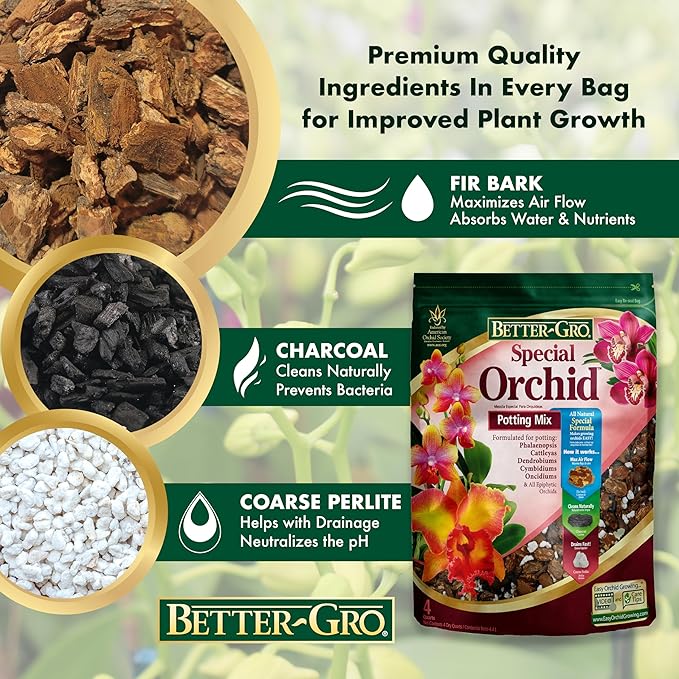 Better-Gro Special Orchid Mix - Premium Grade Orchid Bark Potting Mix, Repotting, Enhanced Drainage, Air Flow & Root Ventilation, Ideal for Phalaenopsis, Cattleyas, Dendrobiums 4 Quarts (Pack of 2)