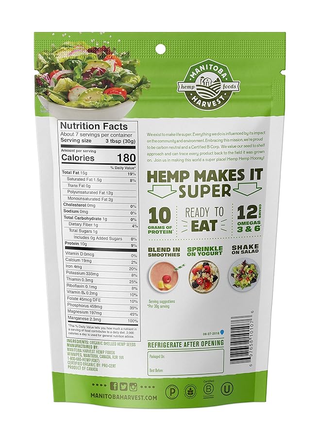 Manitoba Harvest Organic Hemp Hearts, Shelled Hemp Seeds - 7oz - 10g Plant Protein & 12g Omega 3 & 6 per 30g serving - Easy-to-Digest seeds with 9 Essential Amino Acids - Gluten Free, Vegan, Non-GMO