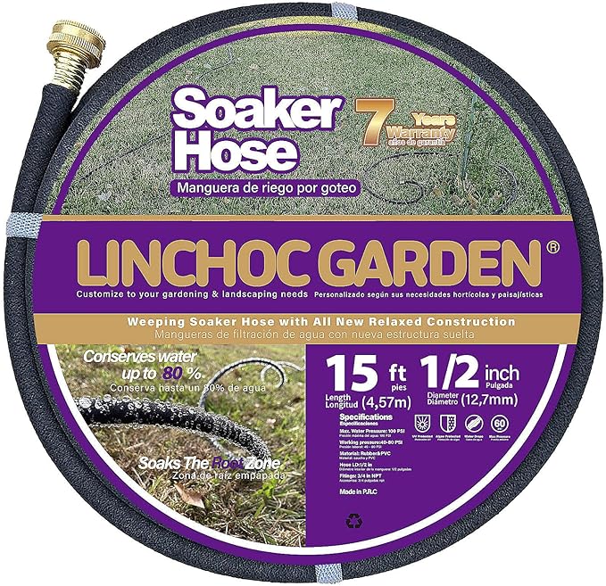 LICNCHOC GARDEN Soaker Hose 15 ft,1/2 INCH Flexible Durable Garden Hose for Efficient Watering, Leak-Proof Design 100% Recycled Rubber,Ideal for Lawns,Gardens & Flower Beds