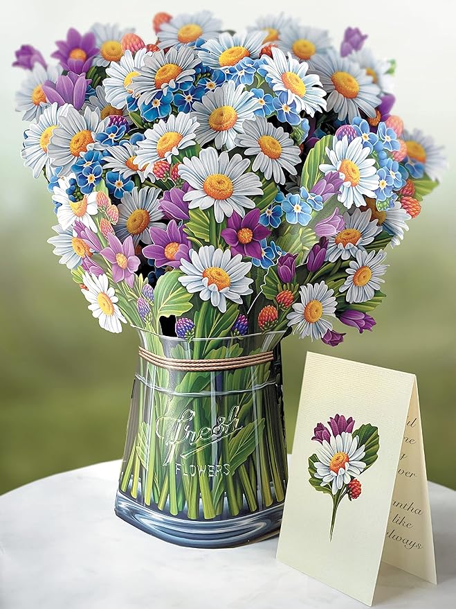 Freshcut Paper Pop Up Cards, Field of Daisies, 12 Inch Life Sized Forever Flower Bouquet 3D Popup Greeting Card, Birthday Cards, Get Well Gifts, Blank Notecard & Envelope