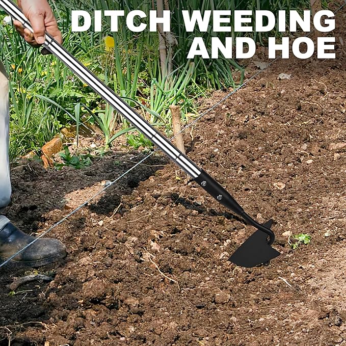 YEELOR Warren Hoe, Carbon Steel Triangle Garden Hoe with Stainless Steel 57" Adjustable Long Handle, Heavy Duty Gardening Hand Tools Hoe for Ridging Weeding Digging Loosening Edging Soil, Balck