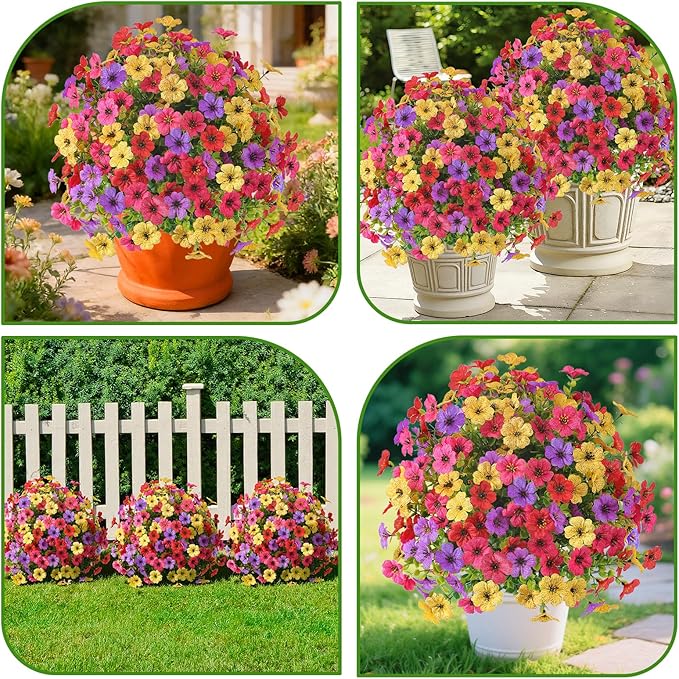 Alupssuc 4Pcs 20" Artificial Topiary Ball Flowers, Spring Outdoor Decoration with Spike, UV Resistant Faux Summer Plants, Fake Bushes Plants, Red Rose, Purple & Yellow for Garden, Porch & Patio Decor