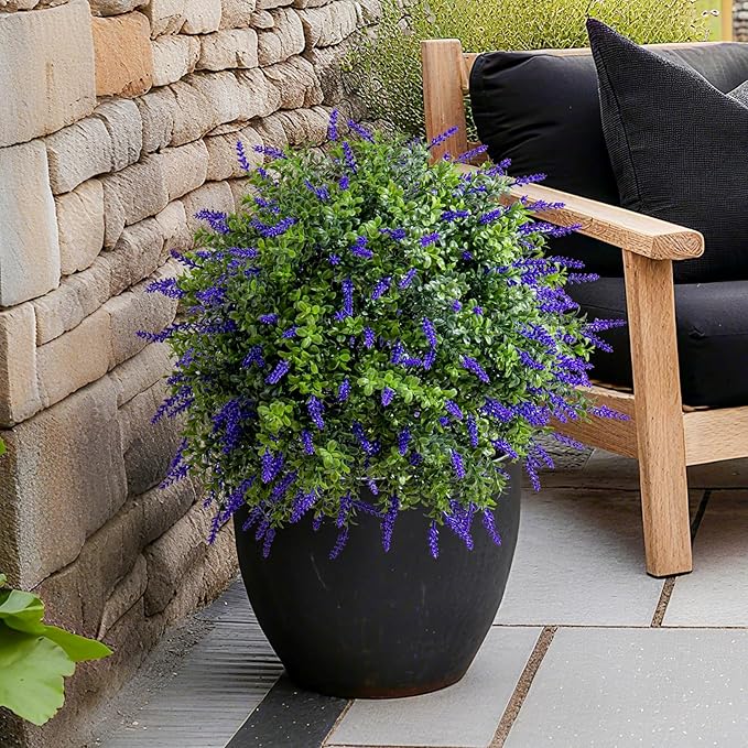 Bailikang 2PCS Artificial Lavender Boxwood Topiary Ball Bush with Ground Spike Fake Evergreen Shrubs Bushes Plants UV Resistant Faux Greenery Shrubs, Fake Green Boxwood Plants for Garden, Yard, Porch