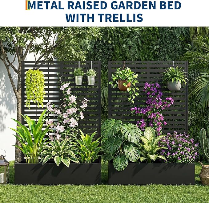 Metal Raised Garden Bed with Trellis & Privacy Screen, 71.5"x47"x16" Galvanized Metal Planter Box with Wheels & Drainage Holes for Patio Balcony Climbing Plants Flowers Vegetable, Black