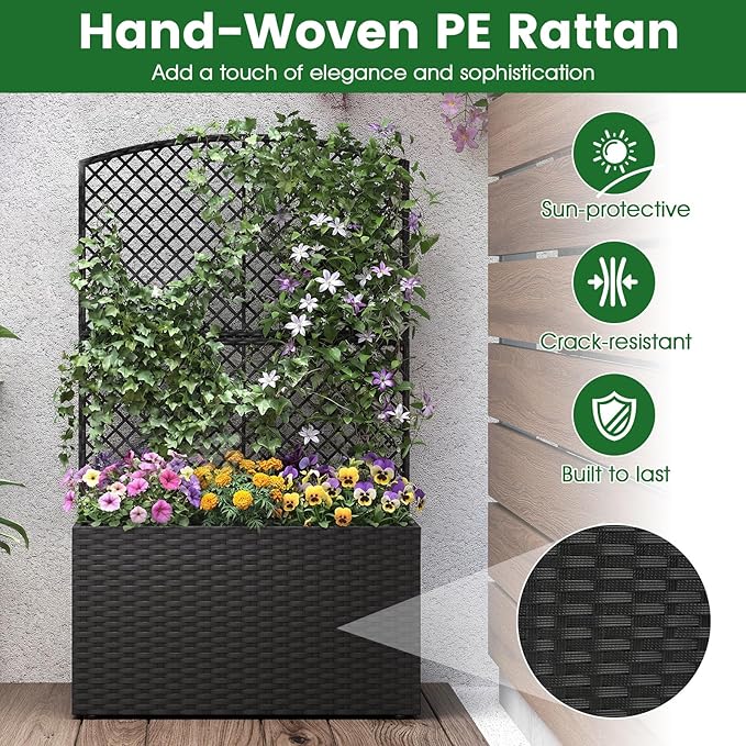HAPPYGRILL Raised Garden Bed with Trellis, 49" Wicker Planter Box w/Privacy Screen, Liner, Drainage for Patio Balcony, Outdoor PE Rattan Elevated Garden Bed for Climbing Plant Vine Flower (Black,1)