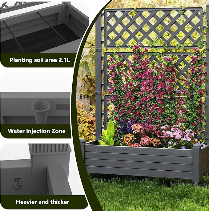 Elevated Raised Garden Bed with Trellis, 21 Gallon Self-Watering Outdoor Resin Planter Box with Lockable Wheels Drain Plug & Water Monitor for Plants Vegetables Flowers Fruits (Black)