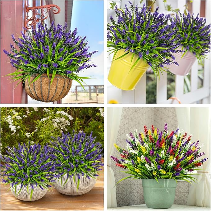 Bassion 24 Bundles Artificial Flowers for Outdoors, Fake Lavender Flowers with Monkey Grass UV Resistant Plastic Faux Plants for Outside Hanging Planter Window Box Garden Patio Front Porch Home Decor